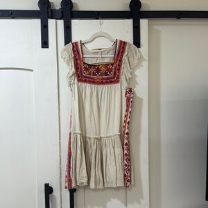Free People Cream and Red Embroidered Dress